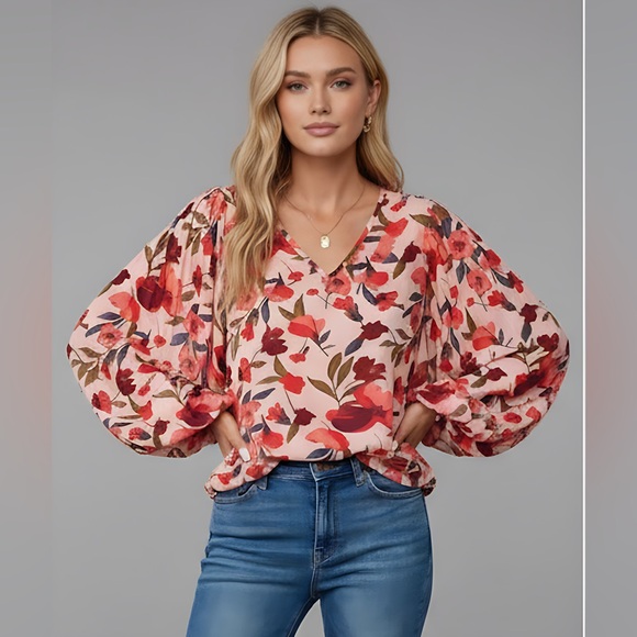 Rose Floral Print Lantern Sleeve Blouse - Picture 1 of 8